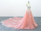 A-line V Neck Pink Tulle Lace Appliques Cathedral Train Formal Prom Dress DMS2